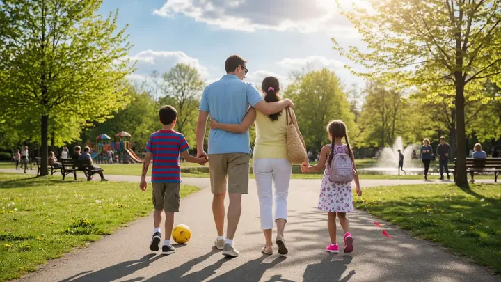 A family holding hands, walking together — Davis Legacy Life family insurance